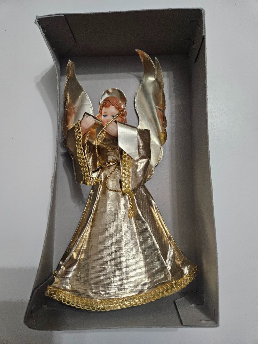 Vintage German Gold Foil Paper Wings Plastic Head Angel Christmas Tree Topper 7'